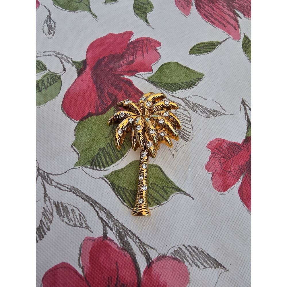 Bell Gold Tone Rhinestone Palm Tree Brooch Tropical Coastal Summer Pin